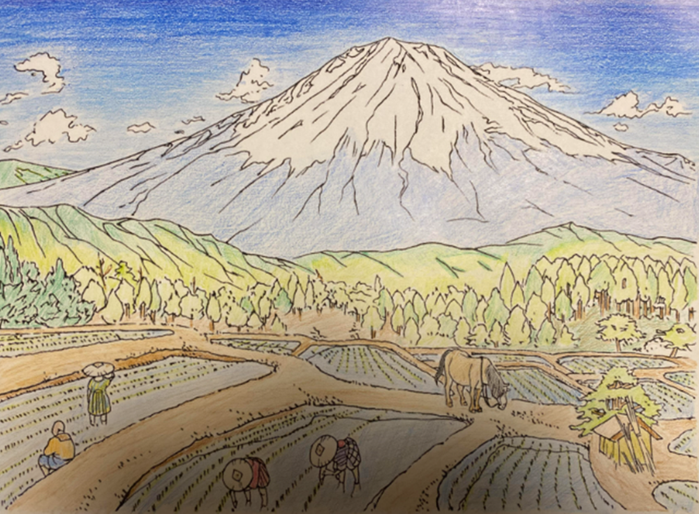 田園から望む富士山の塗り絵